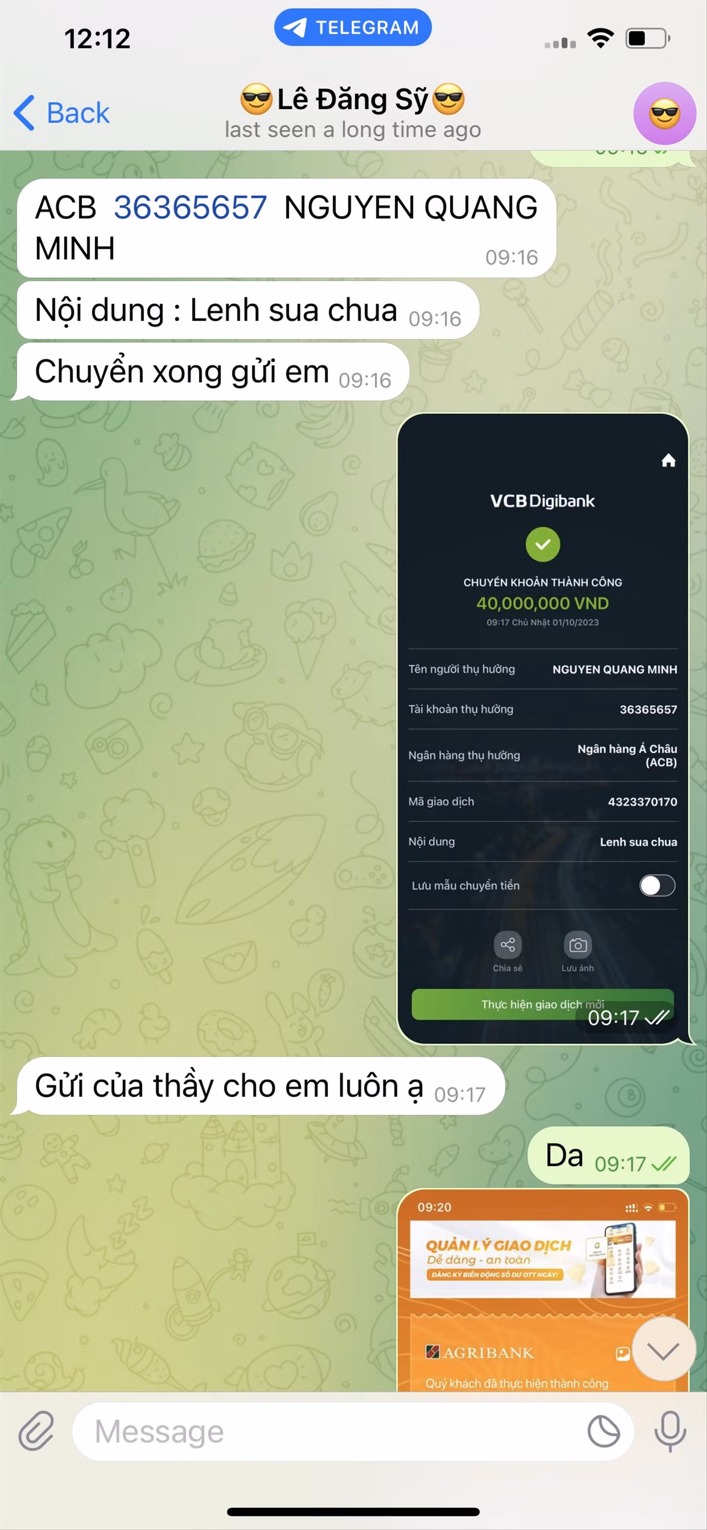 Lần chị L.T.H chuyển 40 triệu đồng cho các đối tượng. Ảnh nhân vật cung cấp