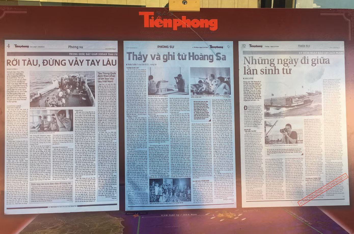 Những bài viết của báo Tiền Phong liên quan đến sự kiện Tàu Hải Dương 981 được Nhà trưng bày Hoàng Sa sưu tầm và sử dụng trong một đợt triển lãm Ảnh: Nguyễn Thành Những bài viết của báo Tiền Phong liên quan đến sự kiện Tàu Hải Dương 981 được Nhà trưng bày Hoàng Sa sưu tầm và sử dụng trong một đợt triển lãm Ảnh: Nguyễn Thành