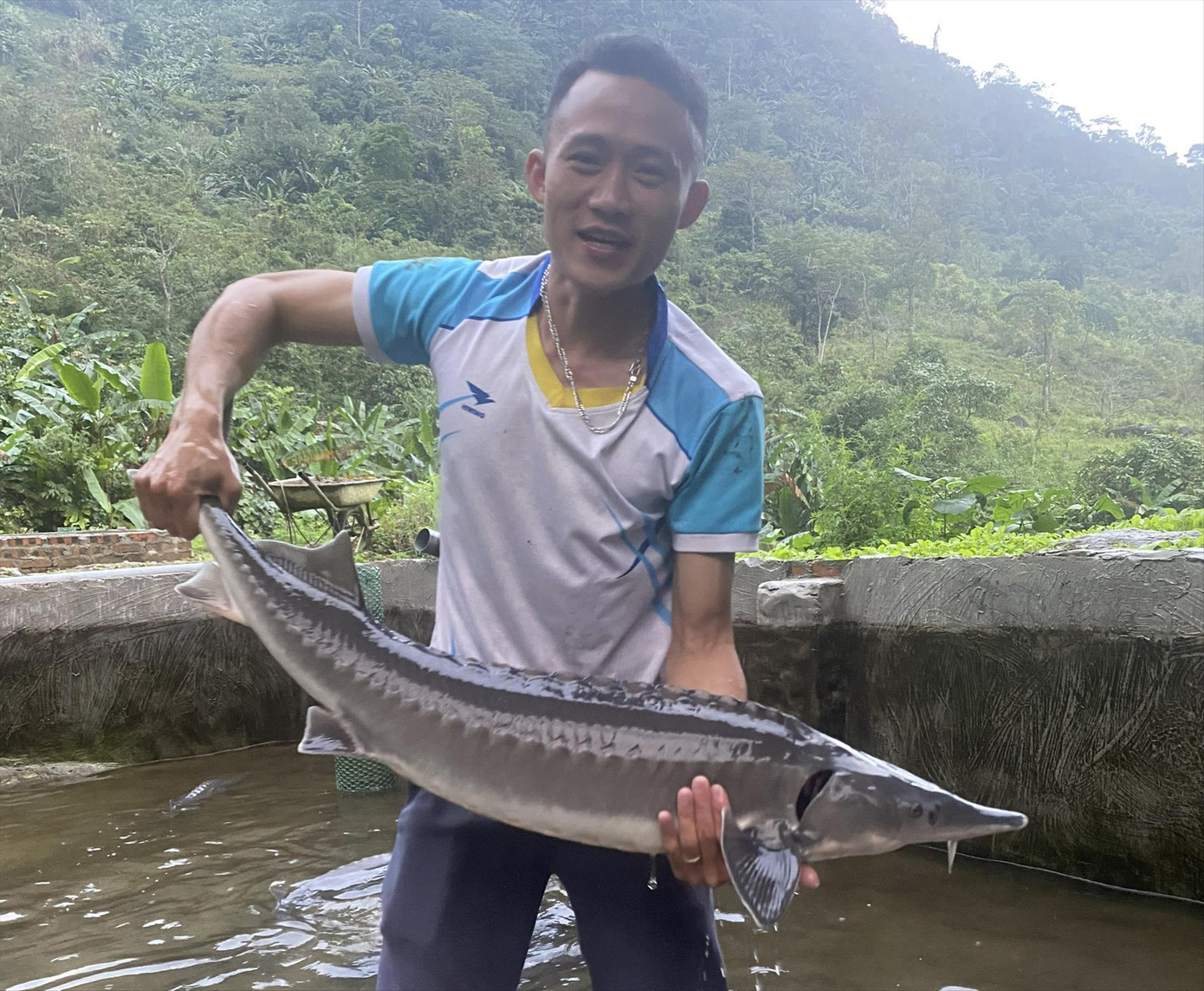 Anh Đặng Hành Dũng - Bí thư Chi đoàn thôn Phiêng Phàng, xã Yến Dương, huyện Ba Bể (tỉnh Bắc Kạn) đã thành công với mô hình nuôi cá nước lạnh trên đỉnh Pù Lầu. Ảnh: NVCC