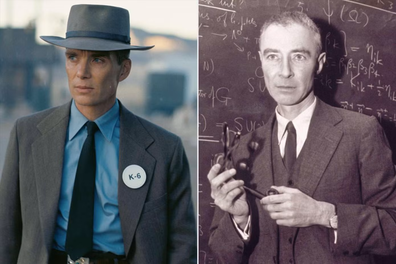 Nam tài tử Cillian Murphy hóa thân vào Oppenheimer (trái) và Oppenheimer ngoài đời thực. Ảnh: Universal Pictures
