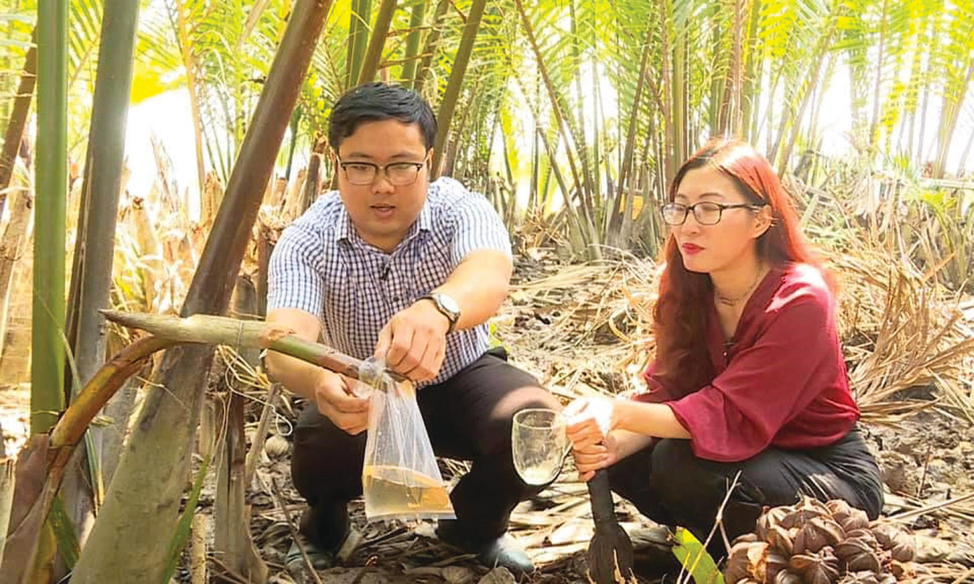 Anh Phan Minh Tiến (ngoài cùng, bên trái) đưa du khách trải nghiệm mát-xa dừa lấy mật