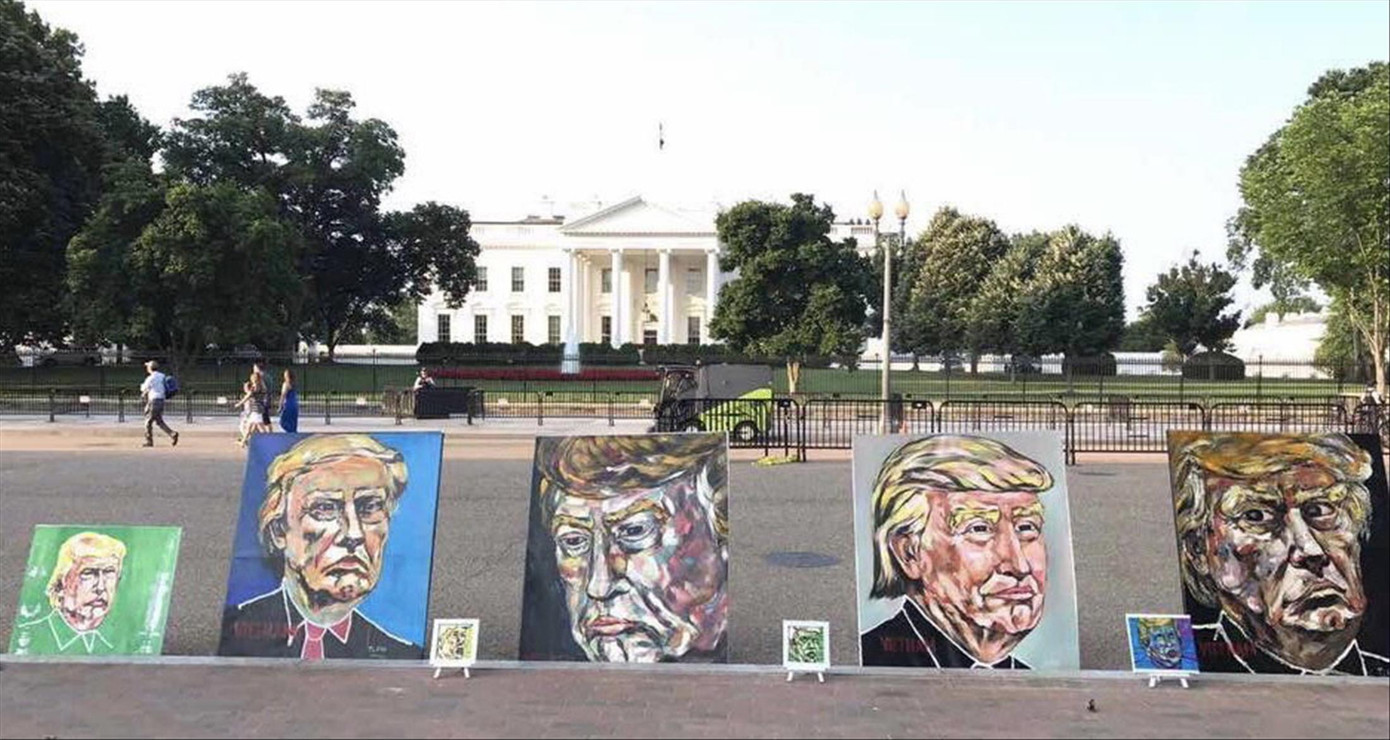 Trưng bày chân dung Donald Trump trong khuôn viên Nhà Trắng của Trần Lâm Bình. Ảnh: NVCC