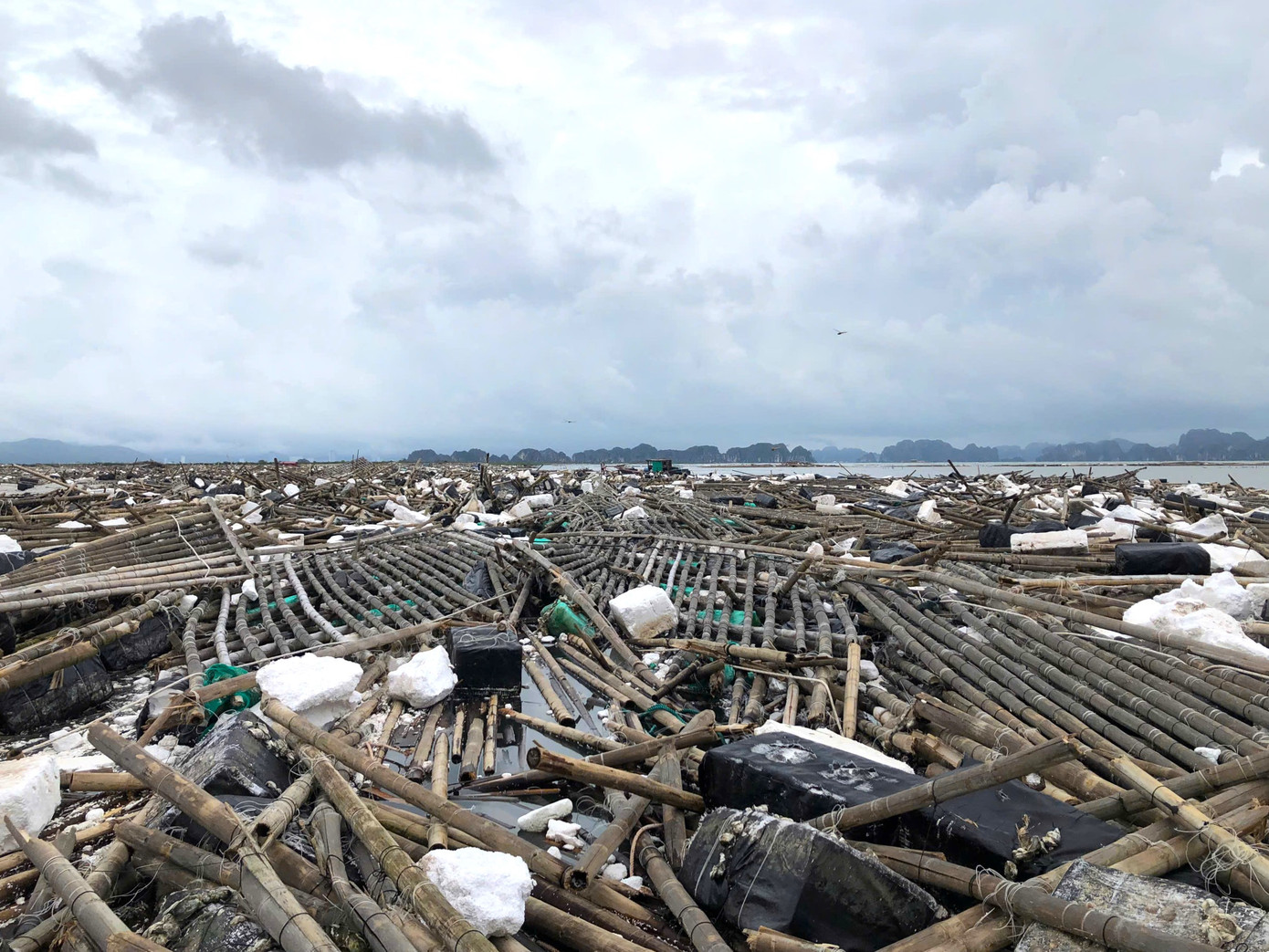 “Núi” bè mảng nuôi hàu bị bão quần chất đống trên biển Quảng Yên. “Núi” bè mảng nuôi hàu bị bão quần chất đống trên biển Quảng Yên.