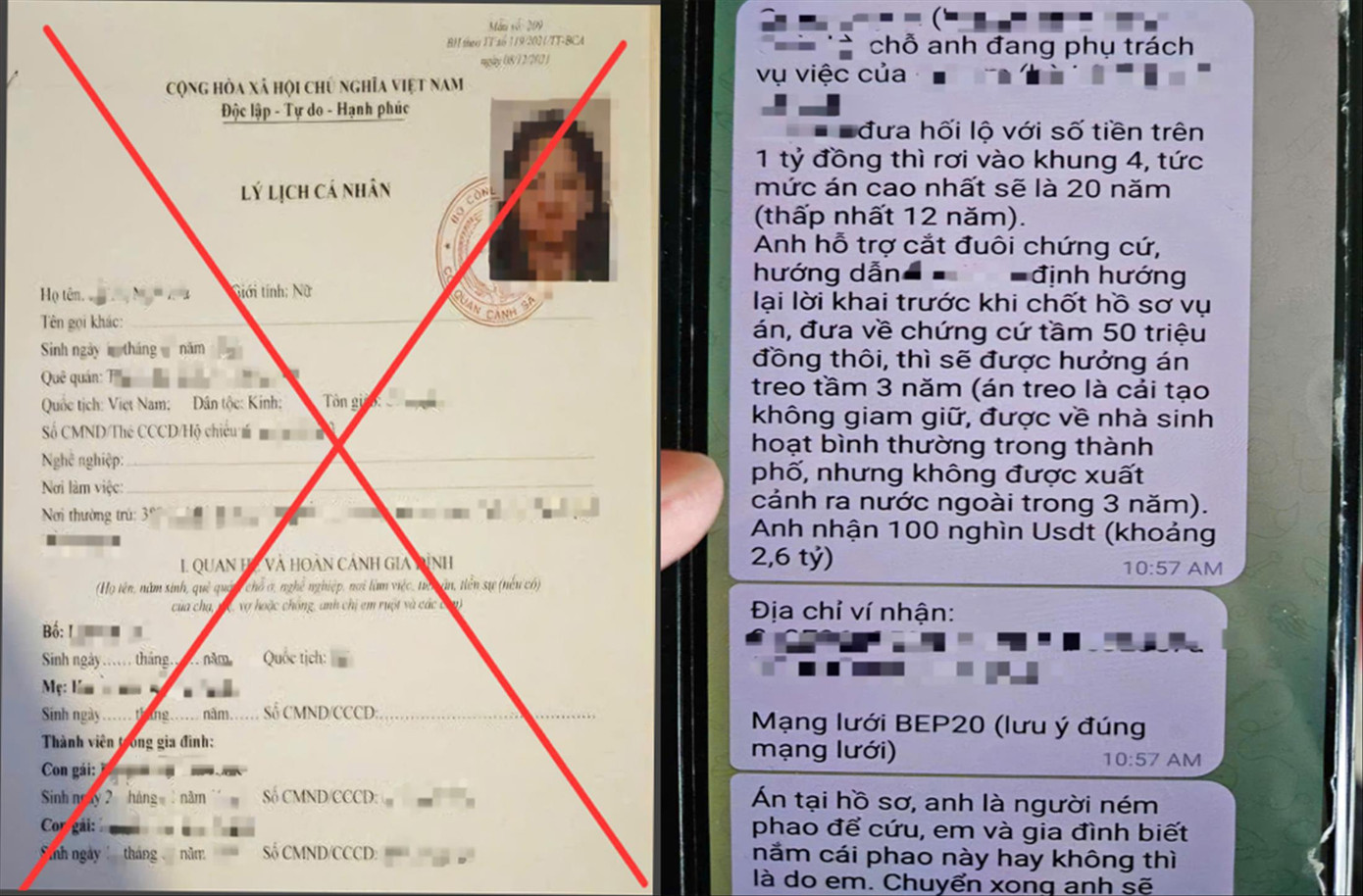 Các đối tượng làm giả lý lịch bị can và nhắn tin cho người dân để lừa “chạy án” Ảnh: Công an cung cấp