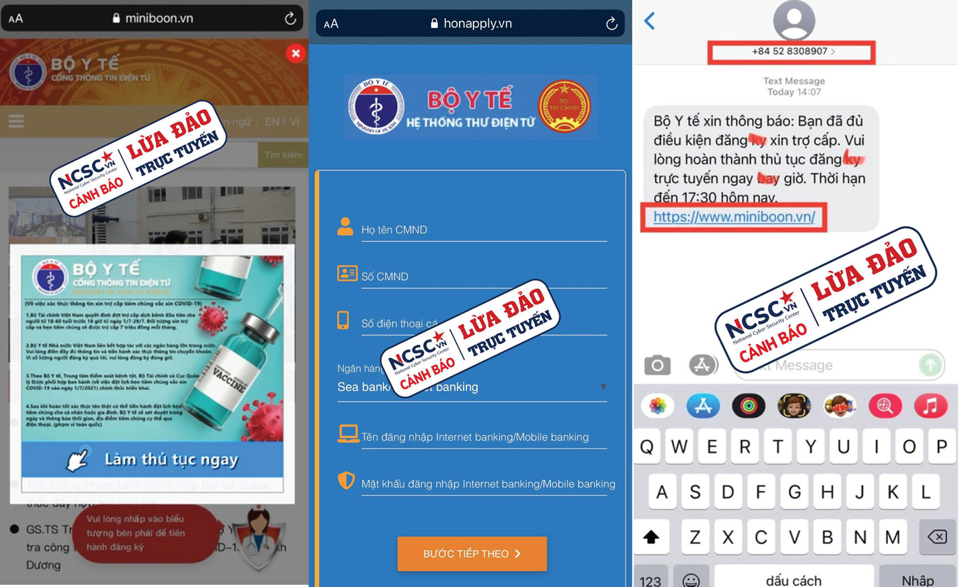 Một số trang web giả mạo thông tin xin trợ cấp tiêm chủng vắc-xin COVID-19 và lừa tiền cứu trợ