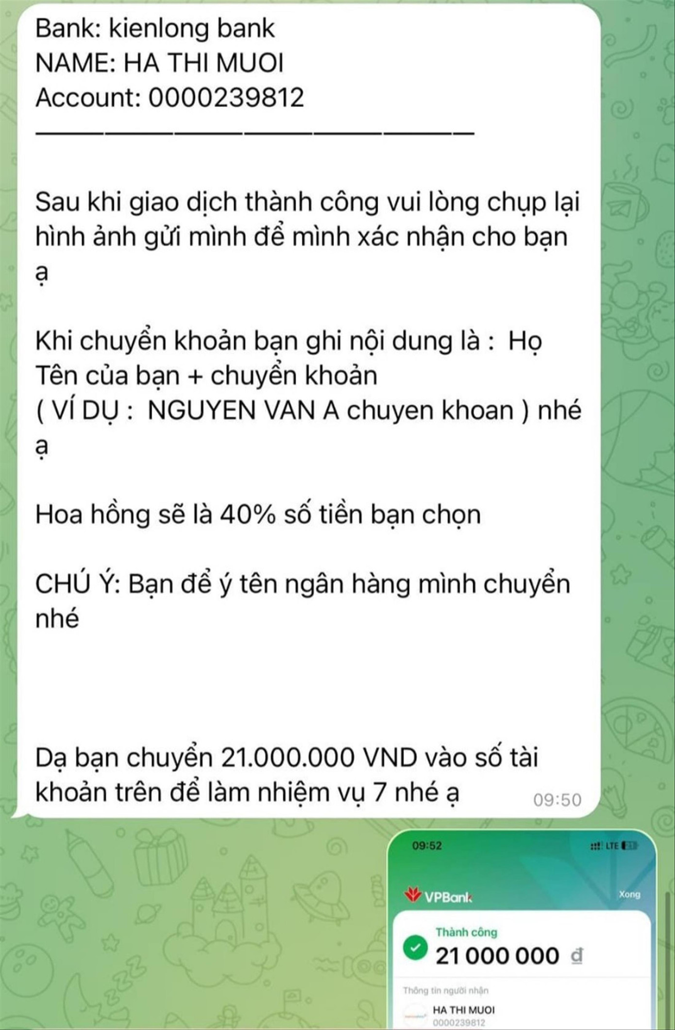 Chị T được dẫn dụ chuyển 21 triệu đồng cho các đối tượng. Ảnh nhân vật cung cấp