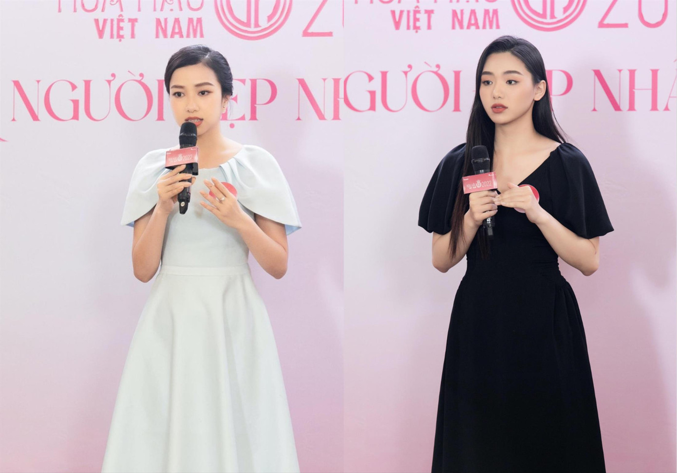 Hai thí sinh Nguyễn Ngọc Mai (trái) và Đinh Khánh Hòa thuyết trình về dự án nhân ái. Ảnh: Phạm Nguyễn