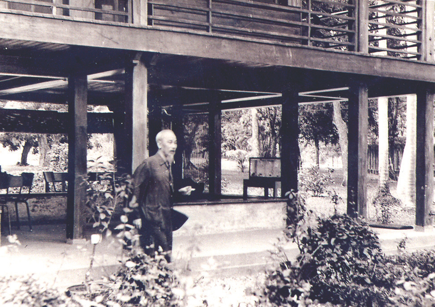 Bác Hồ bên ngôi nhà sàn trong Phủ Chủ tịch. Ảnh: Khu di tích Chủ tịch Hồ Chí Minh tại Phủ Chủ tịch cung cấp.