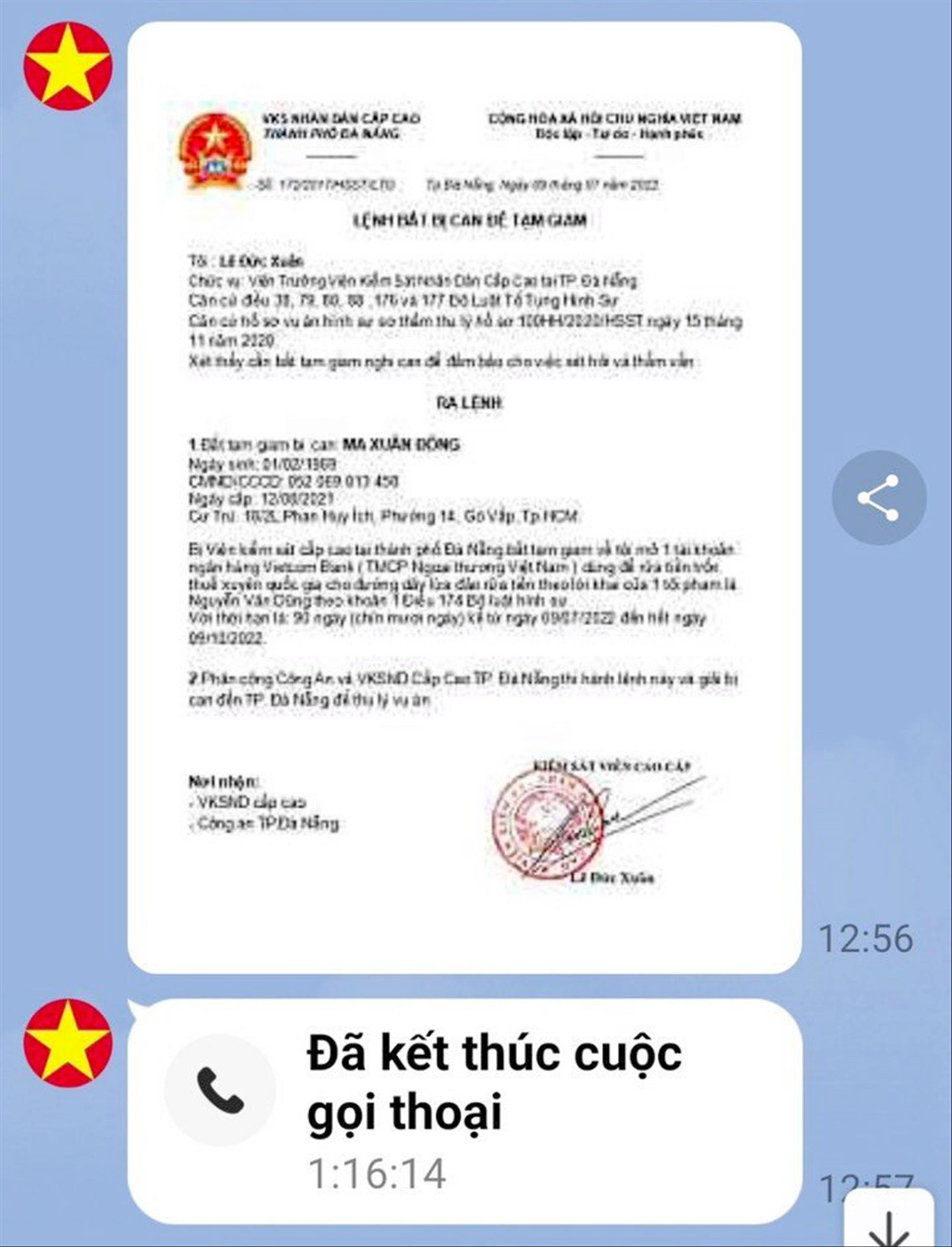 Đối tượng lừa đảo gửi lệnh bắt tạm giam giả cho ông Đ. Đối tượng lừa đảo gửi lệnh bắt tạm giam giả cho ông Đ.