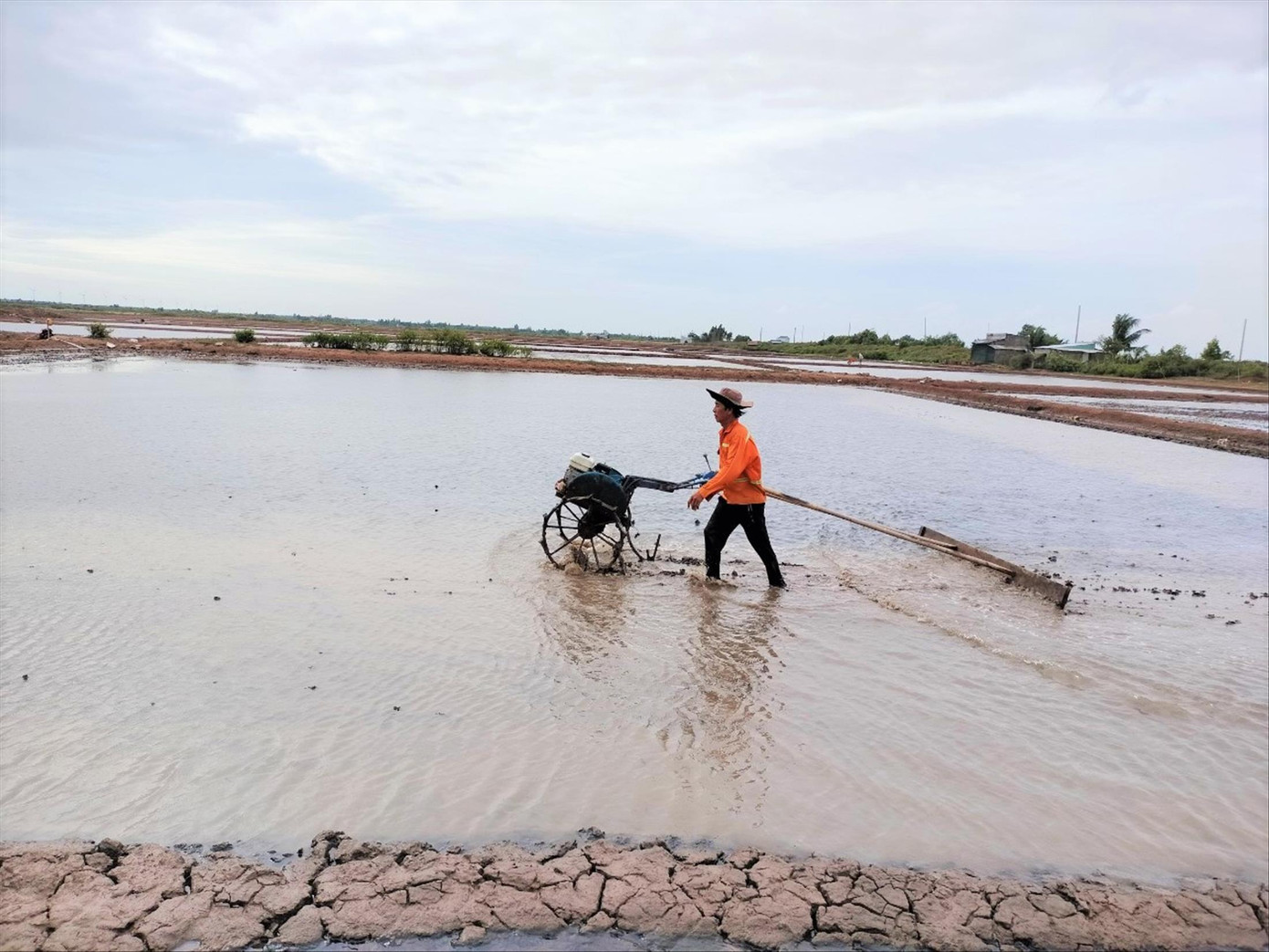 Đây là lần thứ 3 ông Lâm Văn Lập và các thành viên của HTX Diêm nghiệp Huy Điền cải tạo lại ruộng muối sau mỗi trận mưa Đây là lần thứ 3 ông Lâm Văn Lập và các thành viên của HTX Diêm nghiệp Huy Điền cải tạo lại ruộng muối sau mỗi trận mưa