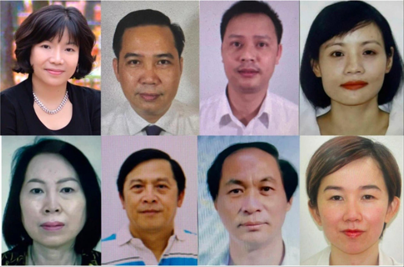 Bị cáo Nguyễn Thị Thanh Nhàn (trên cùng bên trái) và Đỗ Văn Sơn (thứ 3 hàng trên)