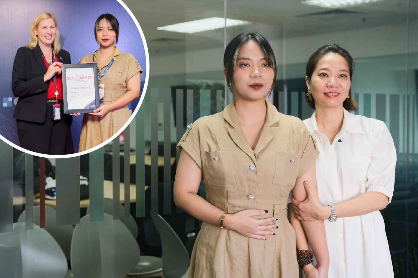 Lê Ngọc Linh Anh nhận học bổng tại buổi lễ diễn ra ở cơ sở Hà Nội, RMIT Việt Nam, và mừng thành tựu của mình cùng với mẹ của bạn.