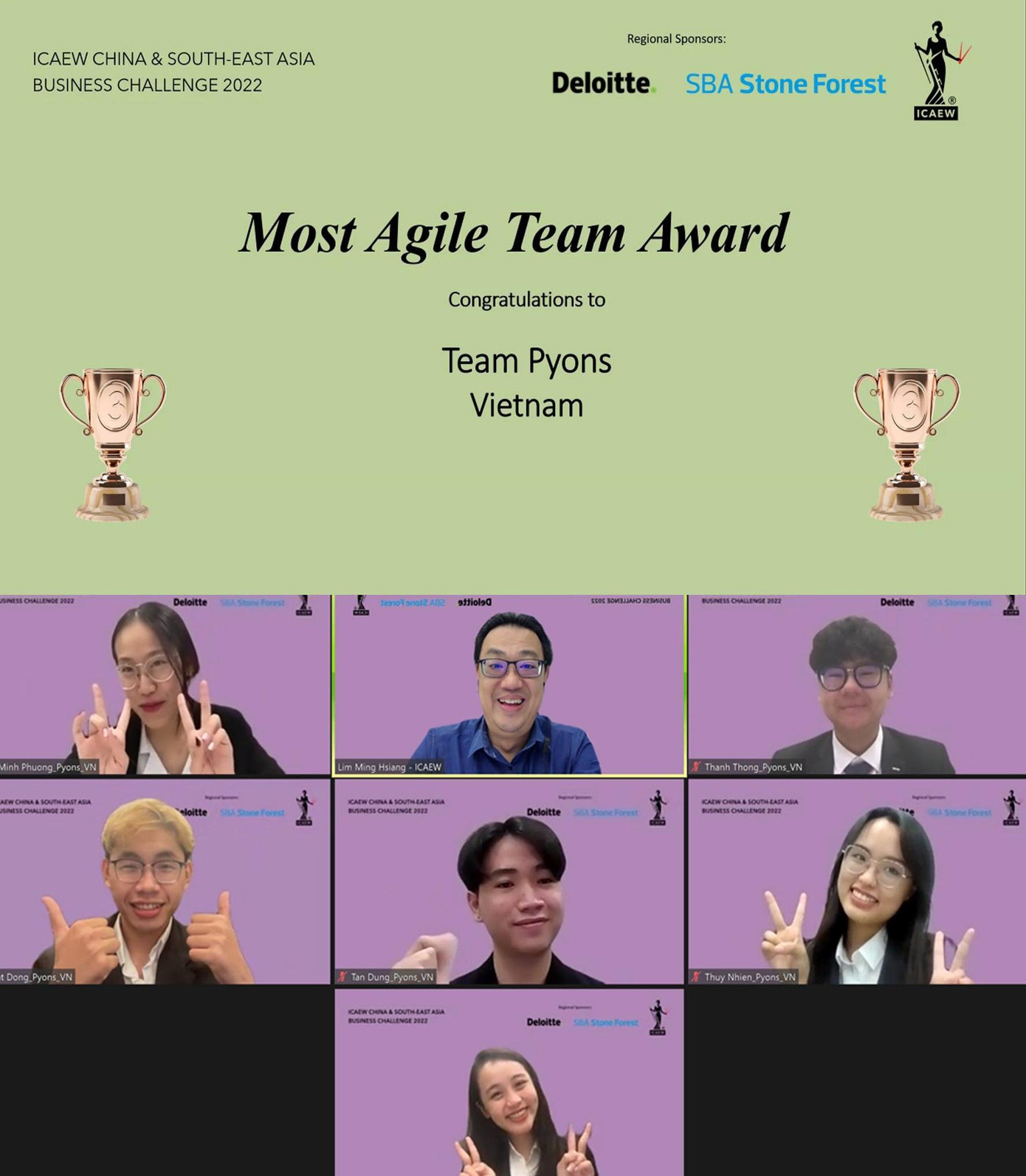 Đội Pyons từ cơ sở Nam Sài Gòn, Đại học RMIT, đã giành giải Ba tại Cuộc thi Chiến lược kinh doanh ICAEWkhu vực Đông Nam Á và Trung Quốc 2022.