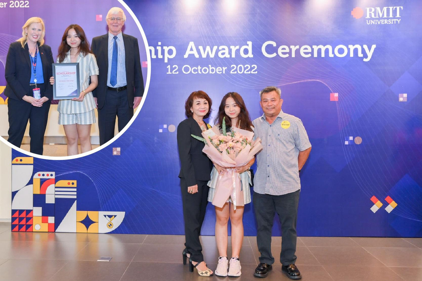 Hồ Ngọc Yến Uyên nhận học bổng tại buổi lễ diễn ra ở cơ sở Nam Sài Gòn, RMIT Việt Nam, và mừng thành tựu của mình cùng gia đình bạn.