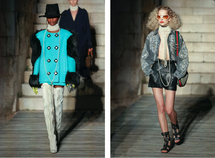 Thiết kế Gucci phối hợp với trang sức, các chi tiết đính pha lê.