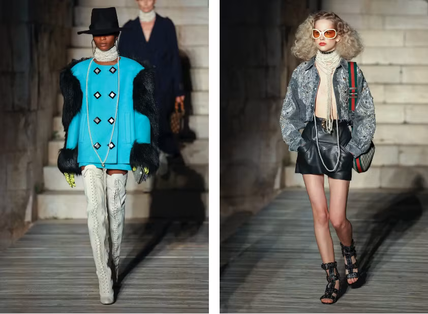 Thiết kế Gucci phối hợp với trang sức, các chi tiết đính pha lê.