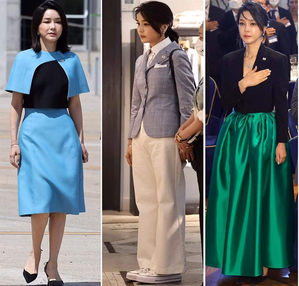Bà Kim mặc đúng công thức của các Hoàng thất và Đệ nhất phu nhân: Son màu nhạt, váy dài qua gối, tone màu pastel hoặc trắng đen trung tính.