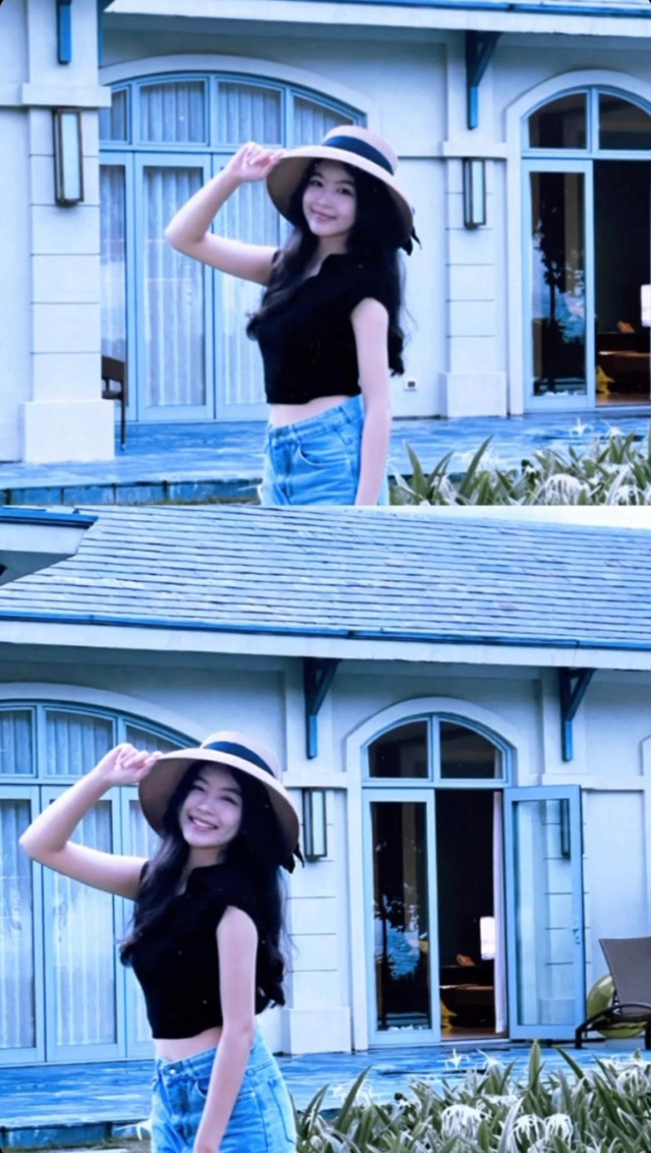 Vẫn crop top, quần lưng cao, nhưng cô nàng đội nón rộng vành khi hợp bối cảnh (đi biển) chứ không nhất thiết phải đội mũ bucket hat hay mũ lưỡi trai như công thức phối đồ quen thuộc.