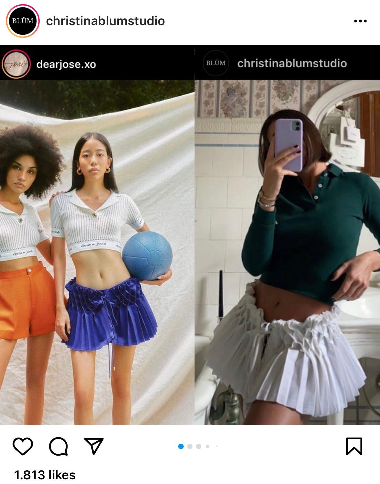 Mẫu quần váy màu xanh của Dear José đặt cạnh mẫu váy trắng của Christina Blum. Mẫu quần váy màu xanh của Dear José đặt cạnh mẫu váy trắng của Christina Blum.