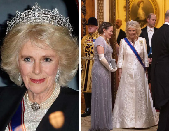 Chiếc vương miện Delhi Durbar bà Camilla đeo được Nữ hoàng Elizabeth II cho mượn. Chiếc vương miện Delhi Durbar bà Camilla đeo được Nữ hoàng Elizabeth II cho mượn.