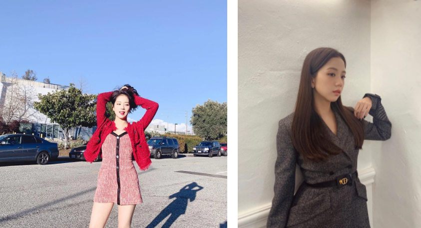 Tuyệt chiêu tweed on tweed mà set đỏ lại rất casual trong khi set xám dành cho những dịp trang trọng. Tuyệt chiêu tweed on tweed mà set đỏ lại rất casual trong khi set xám dành cho những dịp trang trọng.