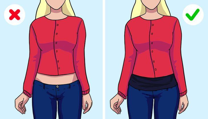 Áo phải dài đến lưng quần hoặc qua lưng quần không để hở phần da bụng.