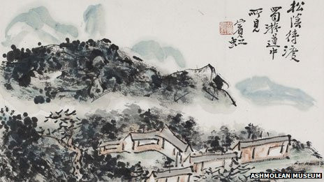 Bức tranh vẽ cảnh ở Tứ Xuyên sử dụng mực tàu. Bức tranh vẽ cảnh ở Tứ Xuyên sử dụng mực tàu