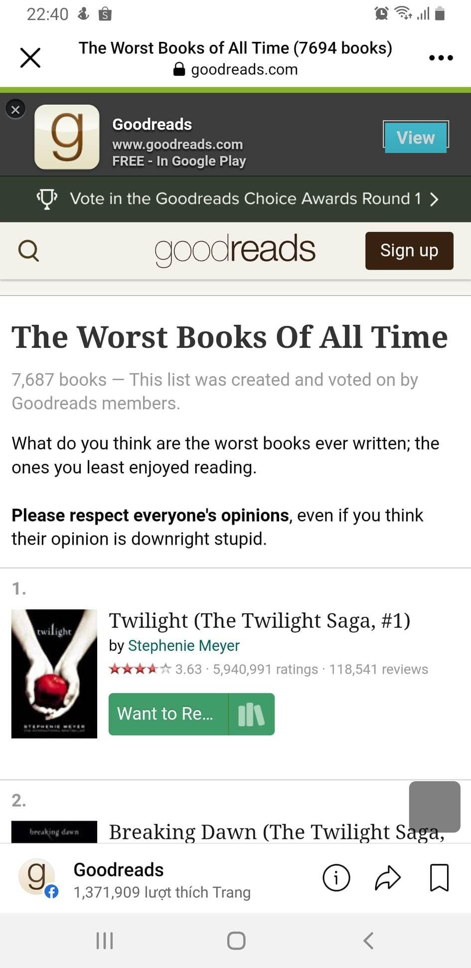 Danh sách bình chọn 100 cuốn sách dở nhất mọi thời đại của Goodreads.