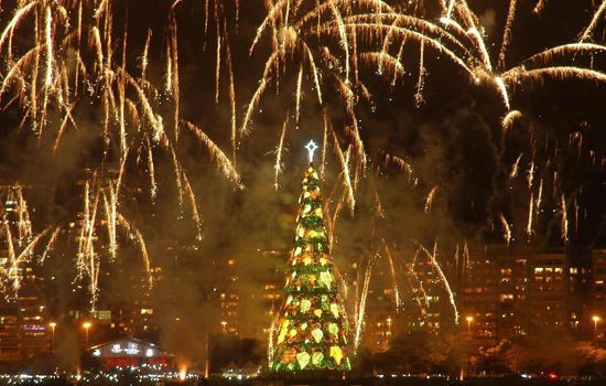 Màn pháo hoa rực rỡ trong đêm thắp sáng cây giáng sinh cao nhất thế giới 