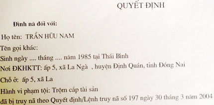 Quyết định đình nã của Công an tỉnh Đồng Nai với Nam. Quyết định đình nã của Công an tỉnh Đồng Nai với Nam