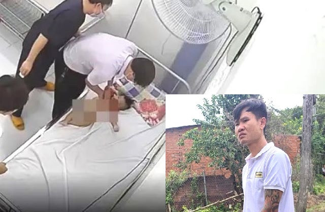 Bé trai được đưa đi cấp cứu song không qua khỏi (ảnh lớn) và chân dung nghi can Nguyễn Thanh Tuấn