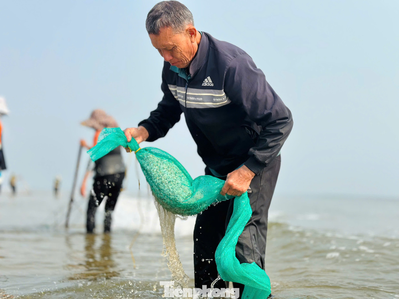 "Chúng tôi phải đi giật lùi, tay liên tục đẩy cào để lấy được lớp cát và ốc ở bờ biển. Sau vài lần đãi, ốc bị đẩy ra túi lưới phía sau, còn cát lọt ra ngoài. Cứ khoảng 30 phút là được vài yến ốc. Ốc dạt trắng bờ, chỉ cần làm việc từ 7h sáng đến 14h chiều là chúng tôi thu về được 5-6 tạ. Vì "lộc biển" nhiều nên chúng tôi làm xuyên trưa", ông Bùi Vĩnh Hữu (56 tuổi, xã Cẩm Dương, huyện Cẩm Xuyên) chia sẻ. "Chúng tôi phải đi giật lùi, tay liên tục đẩy cào để lấy được lớp cát và ốc ở bờ biển. Sau vài lần đãi, ốc bị đẩy ra túi lưới phía sau, còn cát lọt ra ngoài. Cứ khoảng 30 phút là được vài yến ốc. Ốc dạt trắng bờ, chỉ cần làm việc từ 7h sáng đến 14h chiều là chúng tôi thu về được 5-6 tạ. Vì "lộc biển" nhiều nên chúng tôi làm xuyên trưa", ông Bùi Vĩnh Hữu (56 tuổi, xã Cẩm Dương, huyện Cẩm Xuyên) chia sẻ.