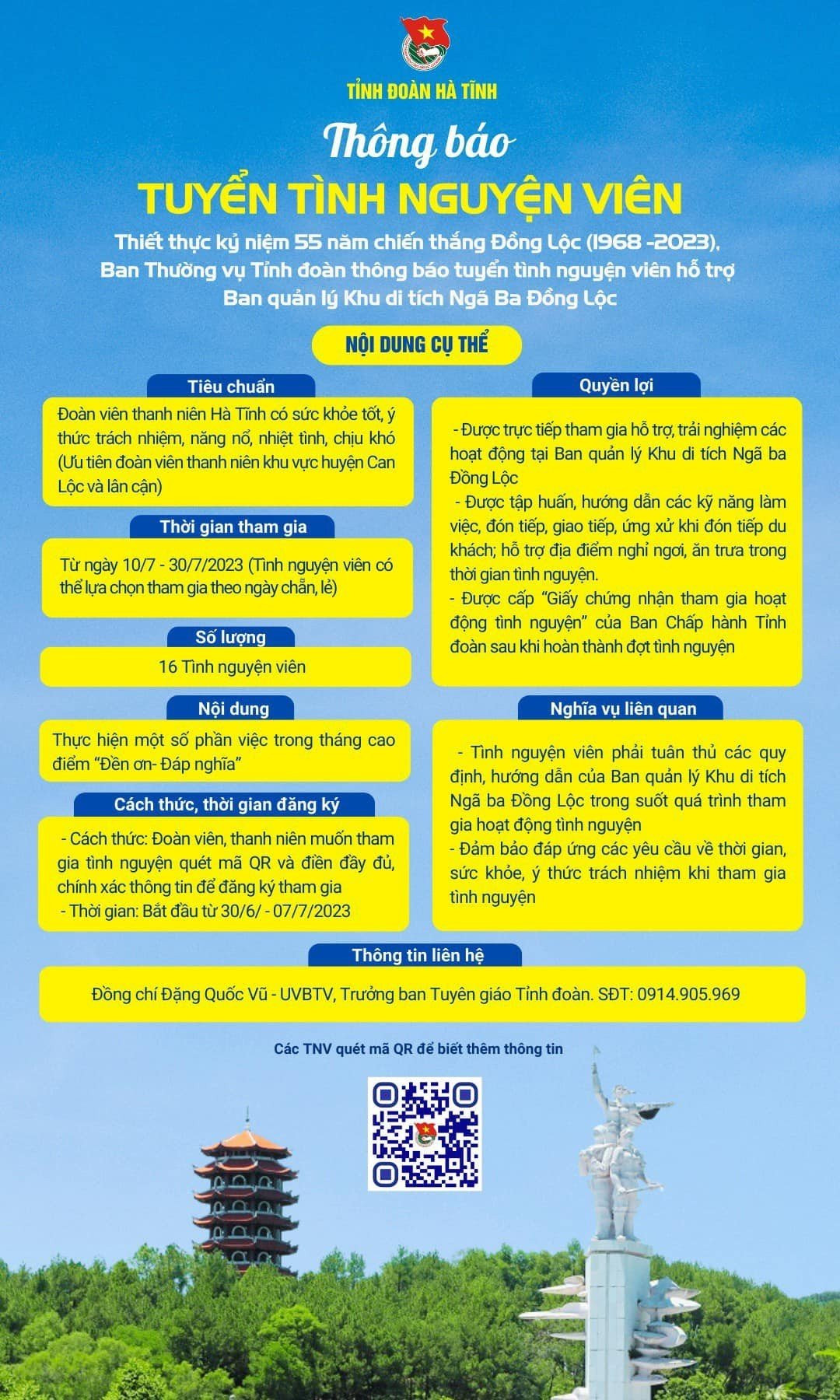 Các thông báo có gắn mã QR tuyển tình nguyện viên tham gia chương trình tình nguyện Tết Lấp lỗ 2021 và hỗ trợ tại Di tích Ngã ba Đồng Lộc.