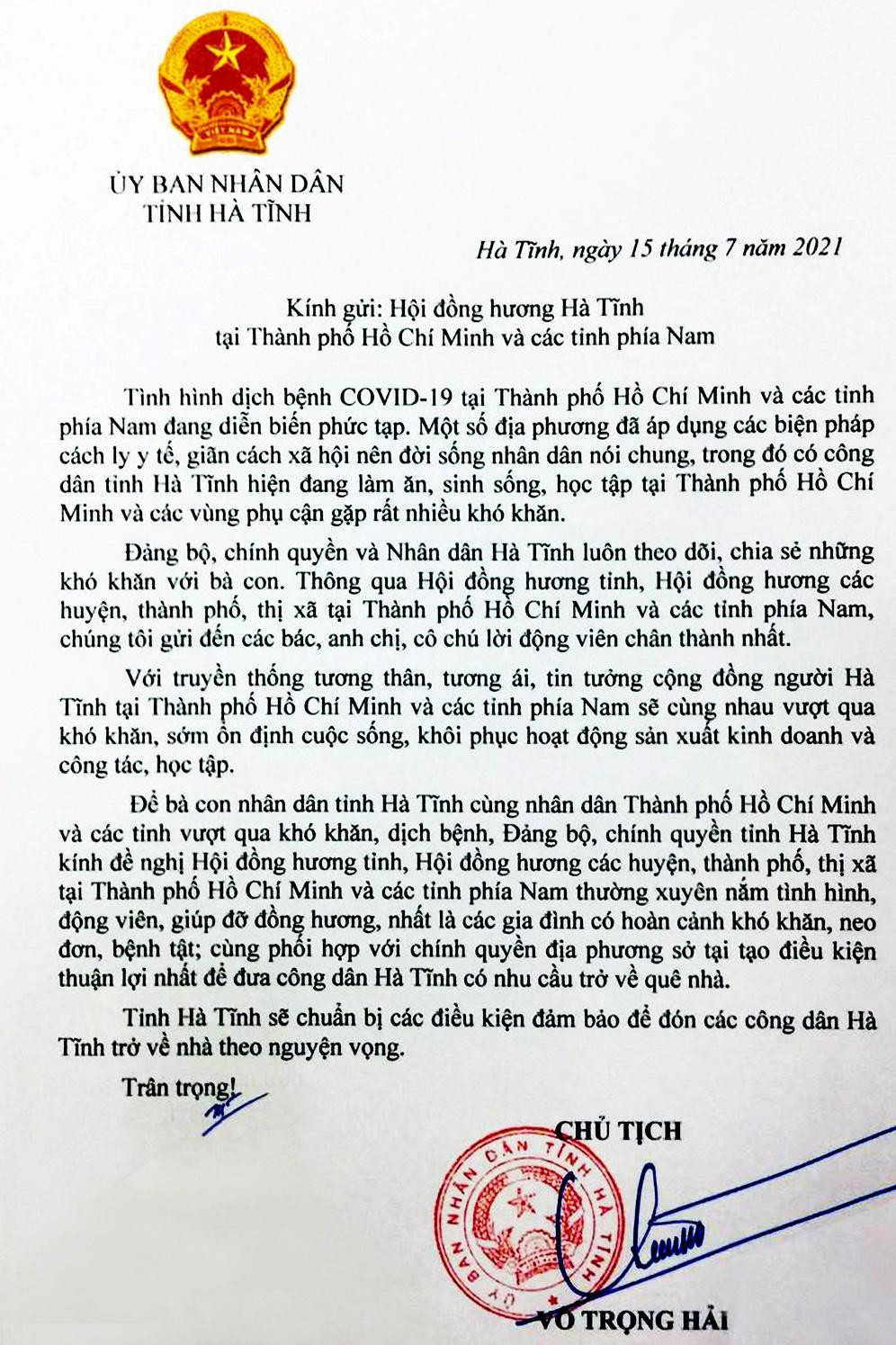 Chủ tịch UBND tỉnh Hà Tĩnh gửi động viên Hội đồng hương của tỉnh Hà Tĩnh tại TP.HCM và các tỉnh phía Nam. Chủ tịch UBND tỉnh Hà Tĩnh gửi động viên Hội đồng hương của tỉnh Hà Tĩnh tại TP.HCM và các tỉnh phía Nam.