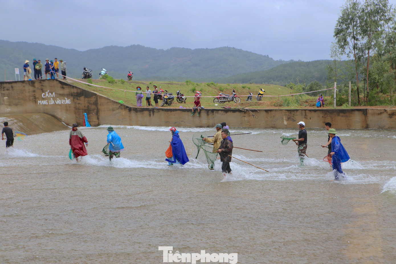 Mực nước dâng chảy qua tràn khoảng 10cm, những người bắt cá họ đi chân trần, mang áo mưa để bắt cá. Phía trên bờ người dân hô hào inh ỏi.