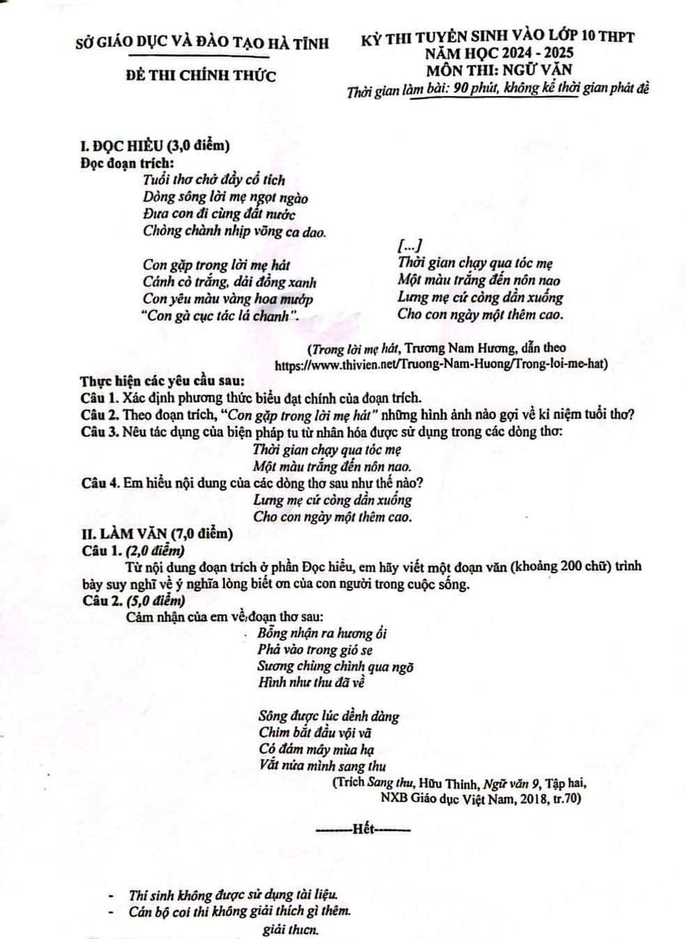 Đề thi vào lớp 10 THPT công lập ở Hà Tĩnh.