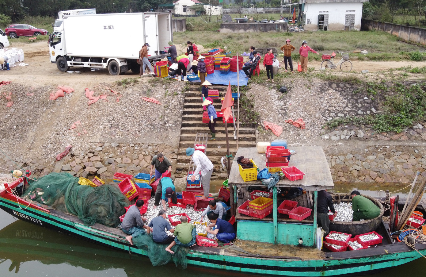 Thuyền vừa cập bến, thương lái đưa xe ra để thu mua. Thuyền vừa cập bến, thương lái đưa xe ra để thu mua.