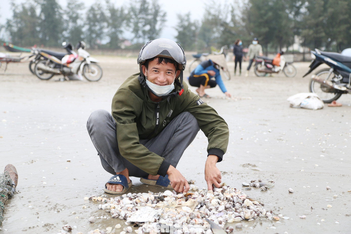 Người dân phân loại sò ngay trên bờ sau khi lưới được kéo lên. Người dân phân loại sò ngay trên bờ sau khi lưới được kéo lên.