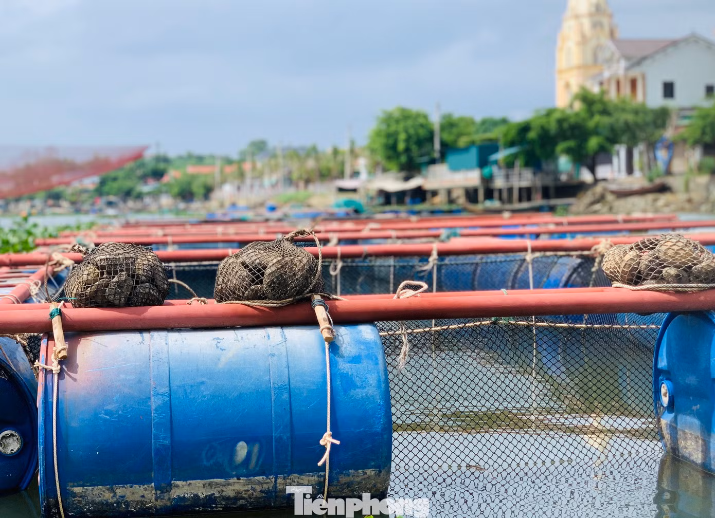 Ngoài dùng dây thừng chằng chéo, các hộ dân còn dùng đá, được bọc vào các túi để đặt lên các thùng phuy.