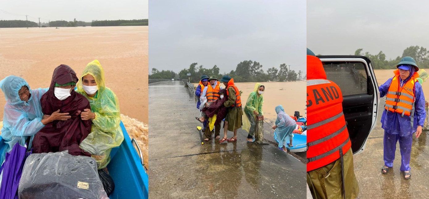 Hình ảnh lực lượng công an xã Điền Mỹ vượt dòng nước lũ đưa người đến bệnh viện cấp cứu.