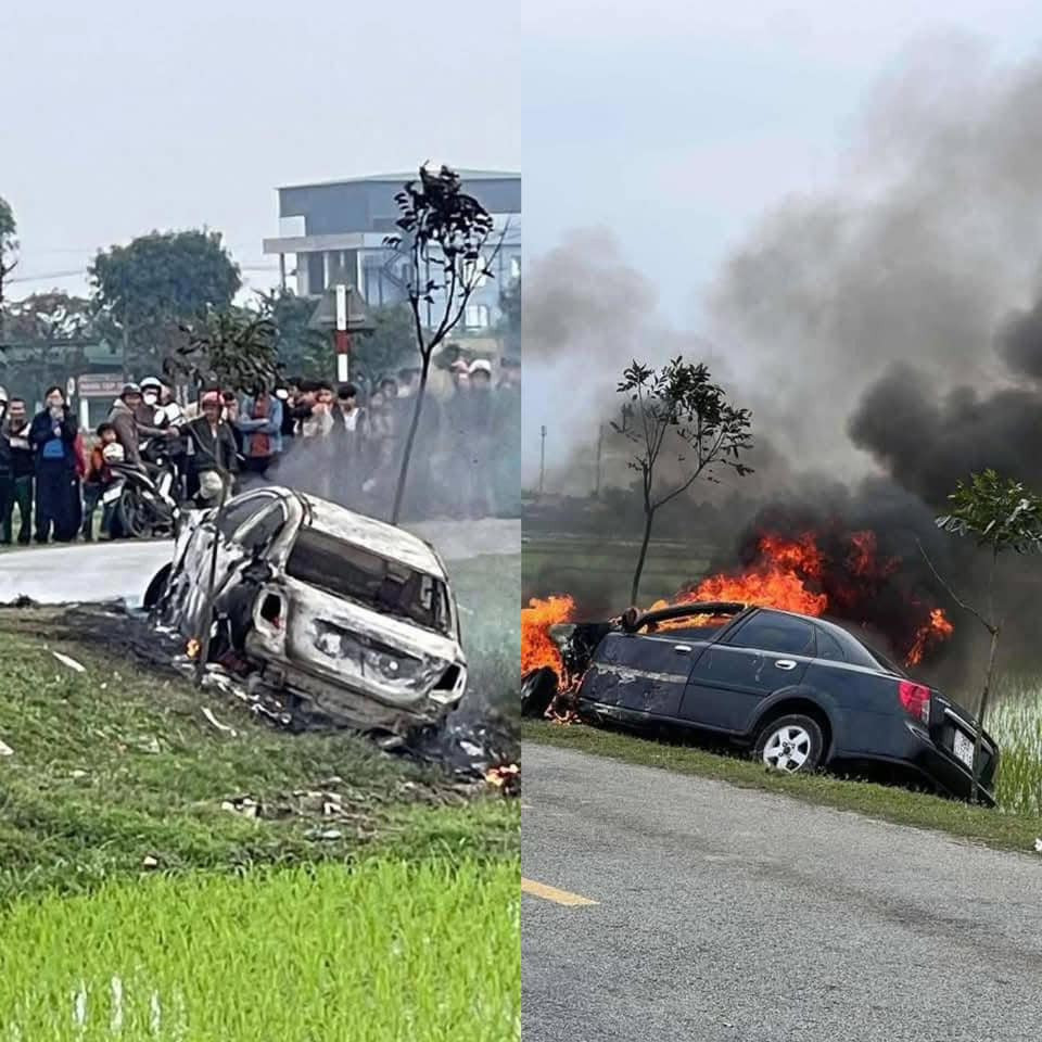 Ô tô cháy trơ khung sau vụ việc. Ô tô cháy trơ khung sau vụ việc.