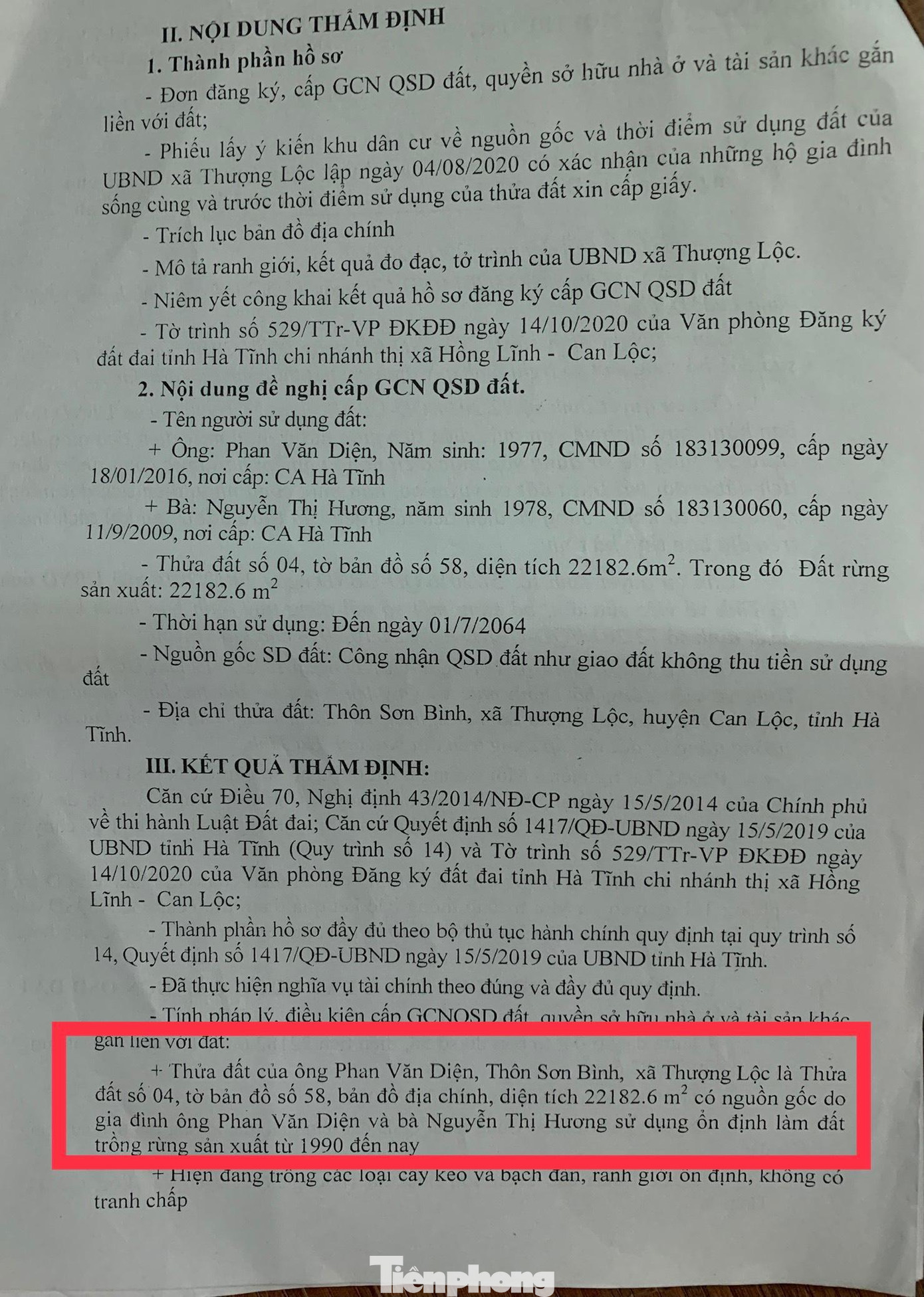 Báo cáo thẩm định để cấp Giấy chứng nhận QSD đất lần đầu cho ông Phan Văn Diện của Phòng TN&amp;MT ghi nguồn gốc sử dụng từ năm 1990 đến nay.