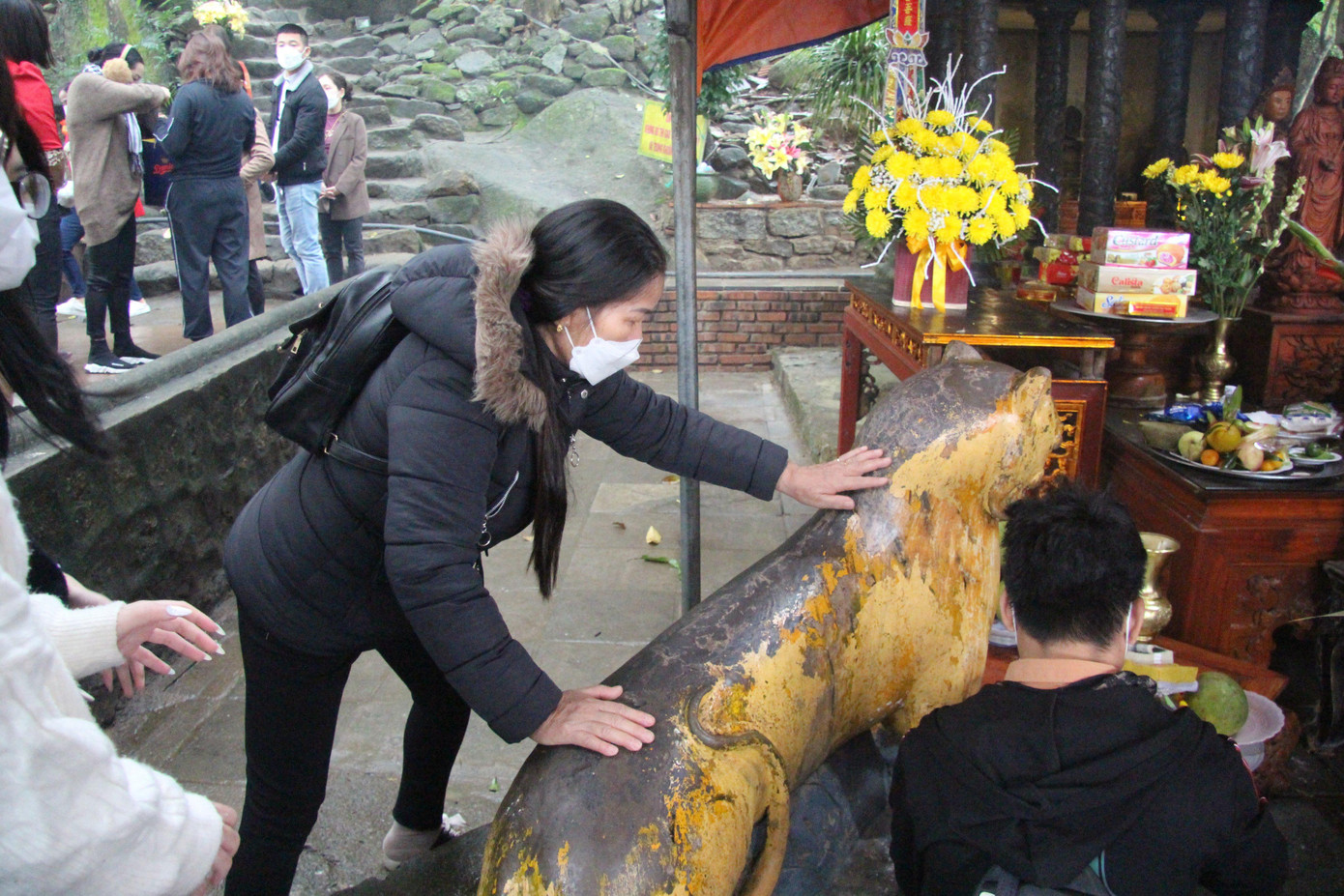 Tượng hổ được đặt hướng đi lên khu vực chính điện chùa Hương Tích. Hổ được làm bằng bêtông, sơn màu vàng. Trước tượng hổ có một chiếc bàn đá để người dân dâng lễ, thắp hương.