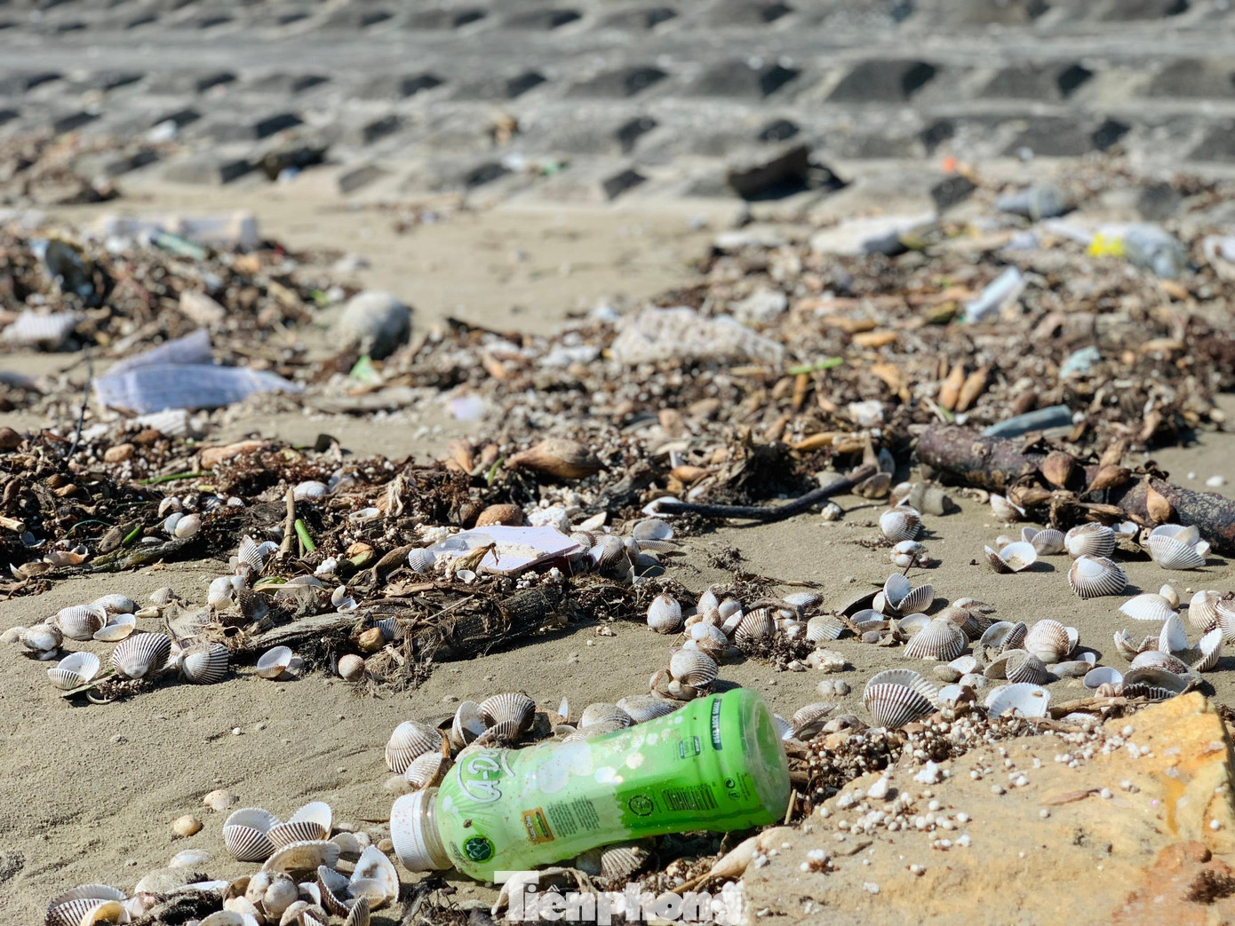 Có hàng tấn rác thải bủa vây dọc theo bờ biển từ xã Thạch Kim đến thị trấn Lộc Hà. Rác thải kết thành những mảnh lớn, dày đặc giữa bãi cát, bị sóng đánh nằm ngổn ngang trên bờ kè, thân đê biển.