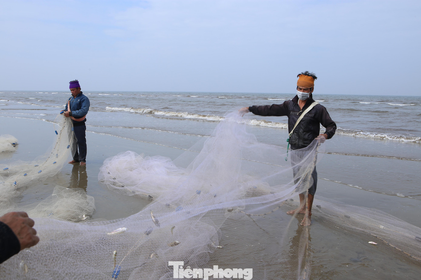 Ngư dân đứng hai đầu, khoảng 14 người chia làm hai tốp kéo giật lùi và dần tiến lại gần nhau khi lưới được đưa vào gần bờ.