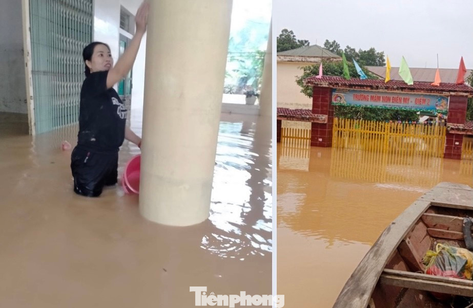 Điểm Trường Mầm non Điền Mỹ ngập sâu, sau khi lũ rút giáo viên lội nước dọn trường.