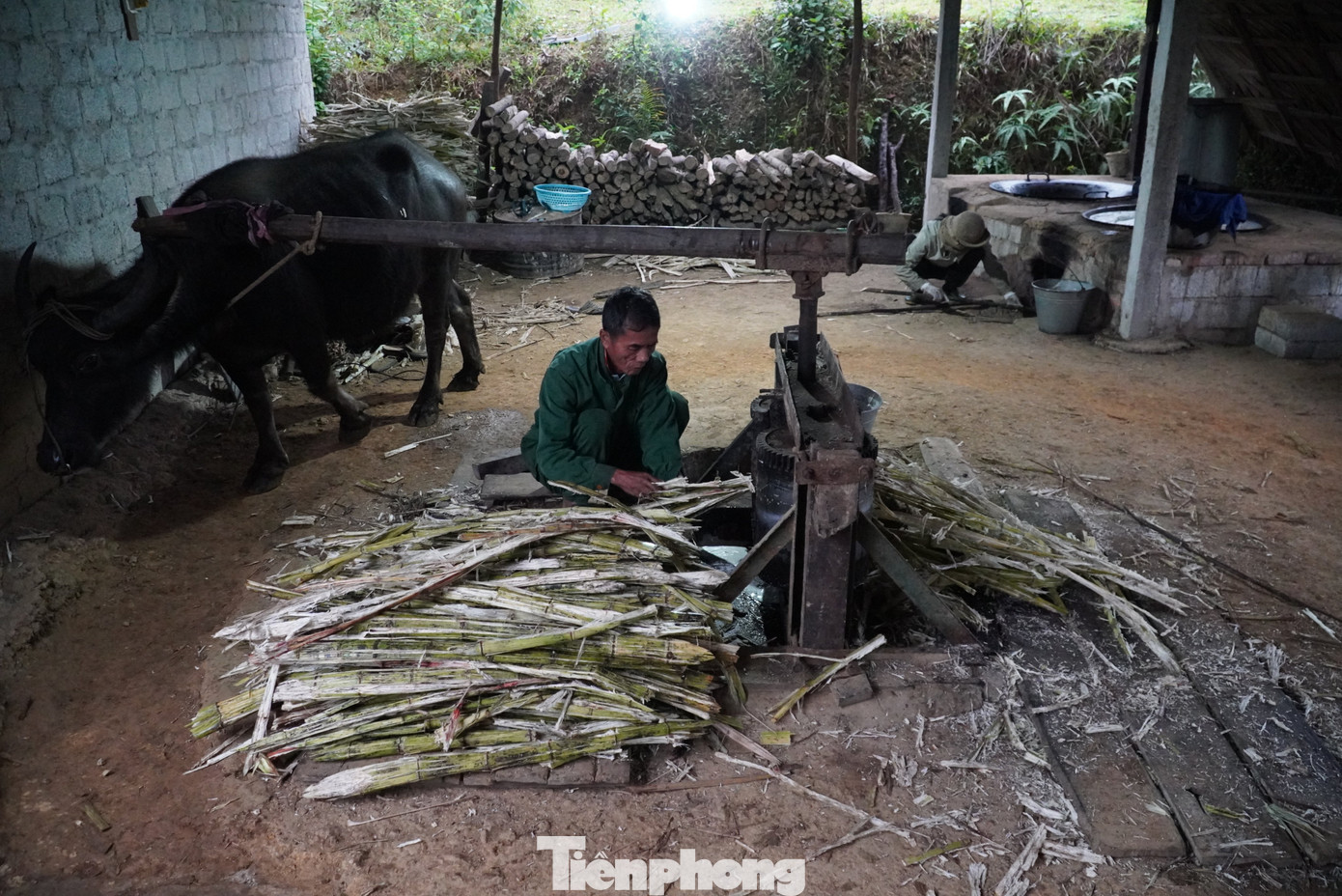 Để ép mía, người dân sử dụng hai khối hình trụ, đặt song song với nhau, phía trên gắn với một thanh gỗ dài khoảng 2m rồi buộc vào con trâu. Khi trâu di chuyển trục sẽ quay, người dân lần lượt đưa những cây mía vào để ép lấy nước. Sau khi nước mía chảy ra sẽ được dùng lưới để lọc cặn. Công đoạn này đòi hỏi phải tỷ mỉ, cẩn thận để đảm bảo vệ sinh.