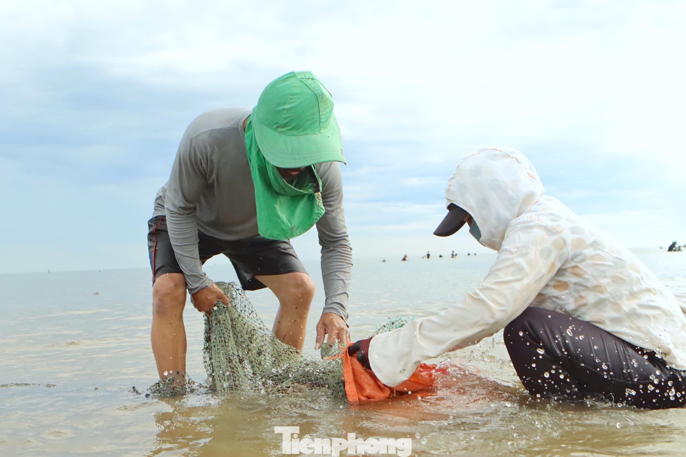 Người dân đi bắt sò từ sáng đến khoảng 10-11h nắng nóng trở về, buổi chiều nước dâng cao không thể cào được nữa. Mỗi buổi đánh bắt ngư dân phải dầm mình từ 3-4h đồng hồ.