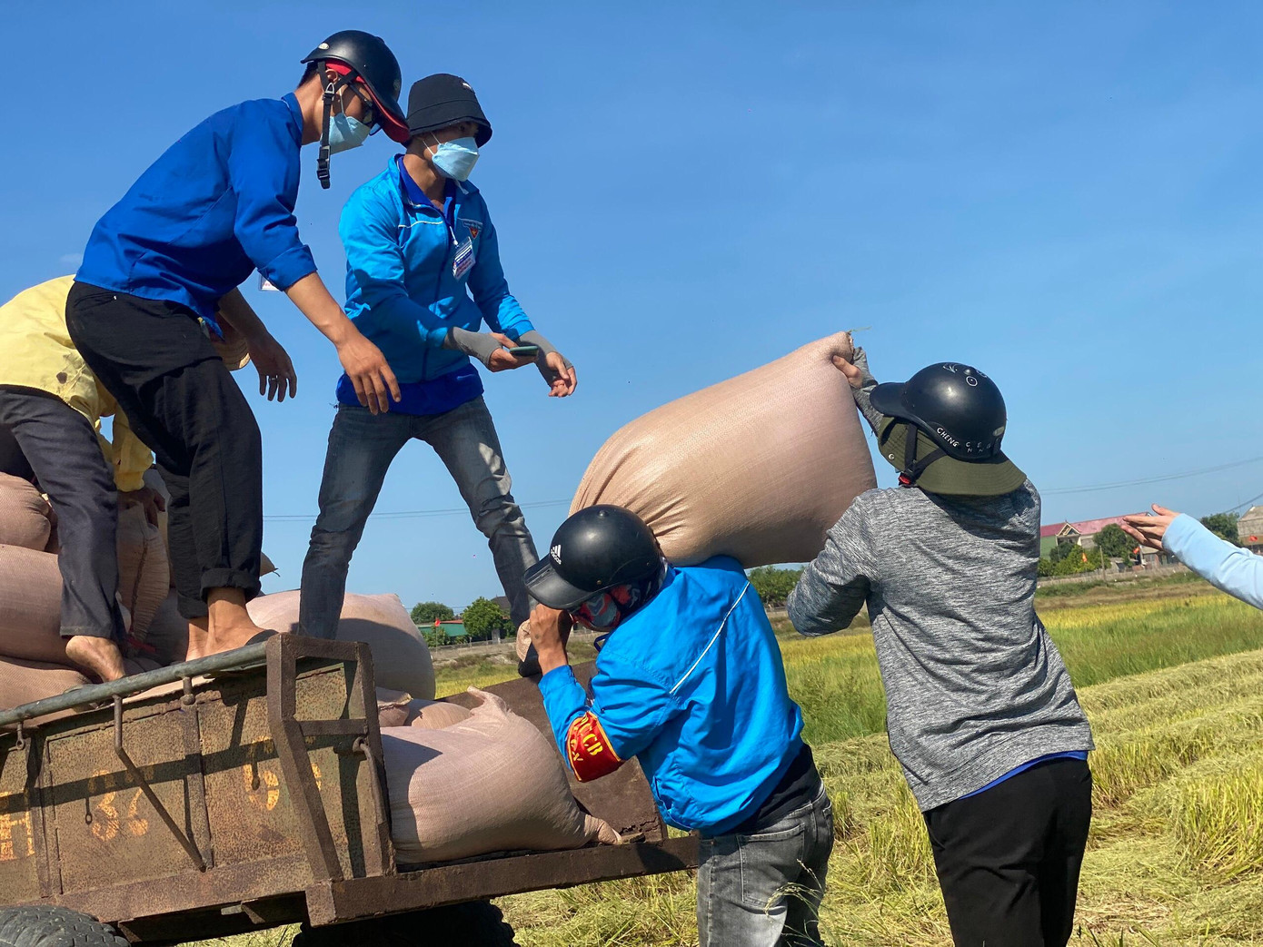 Bí thư Đoàn thị trấn Cẩm Xuyên (Hà Tĩnh) - Nguyễn Thị Dung chia sẻ, trong chiều hôm qua (23/8) bắt đầu thực hiện hoạt động thu hoạch lúa hỗ trợ người dân vùng phong toả. Các đoàn viên thanh niên tham gia là thành viên trong đội hình shipper hỗ trợ dân vùng dịch những ngày qua.