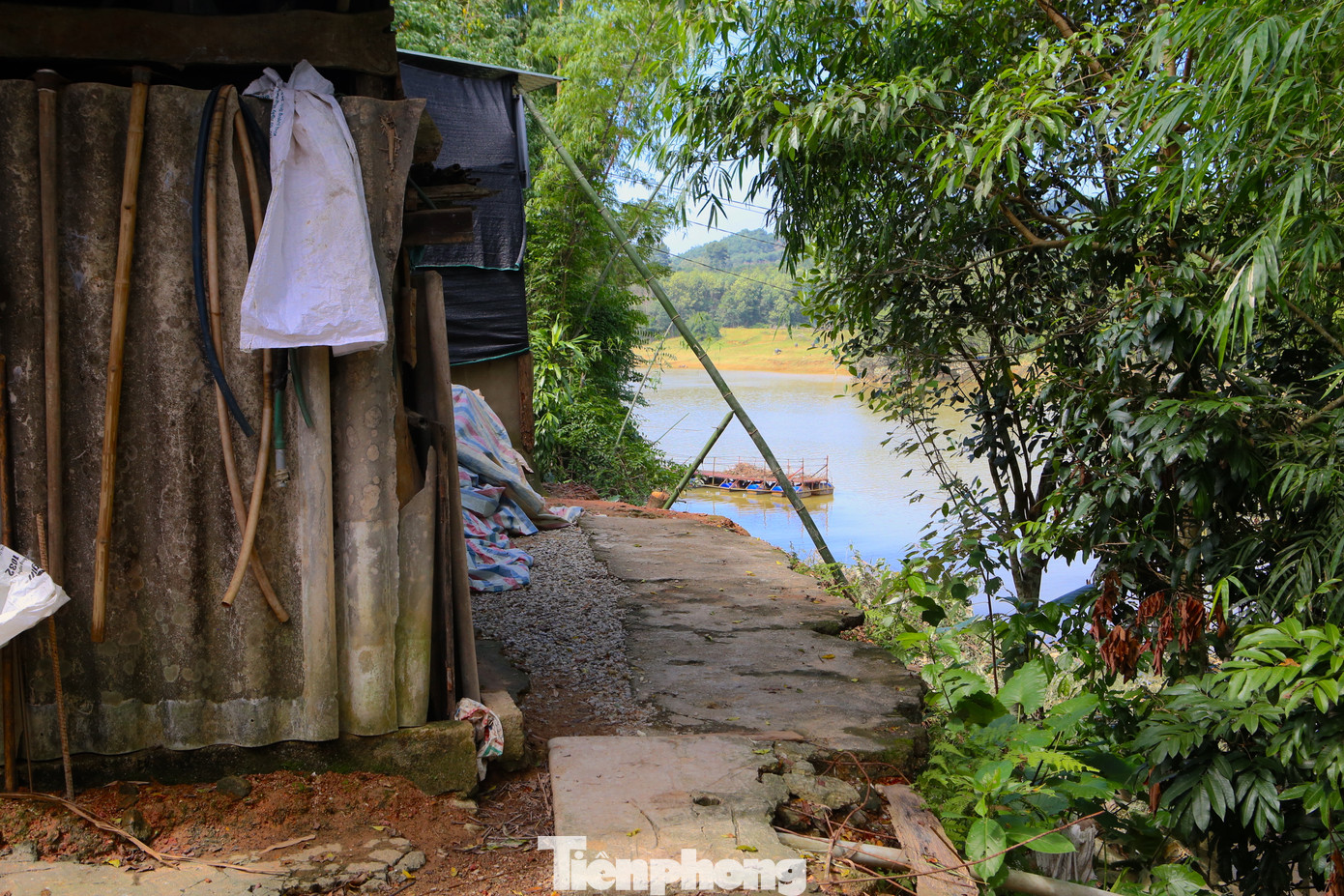 Chỉ sau một đêm, sông cũng đã cuốn mất đường dài dẫn vào nhà ông Nguyễn Văn Hùng (63 tuổi, trú xã Quang Thọ). Hiện tại gia đình chỉ còn cách di chuyển duy nhất là đi qua nhà hàng xóm để về. Trong ảnh con đường dẫn vào nhà ông Hùng đã biến mất chỉ sau một đêm. Giờ muốn di chuyển ra bên ngoài phải đi bộ và bám vào tường nhà ông Lâm để đi.